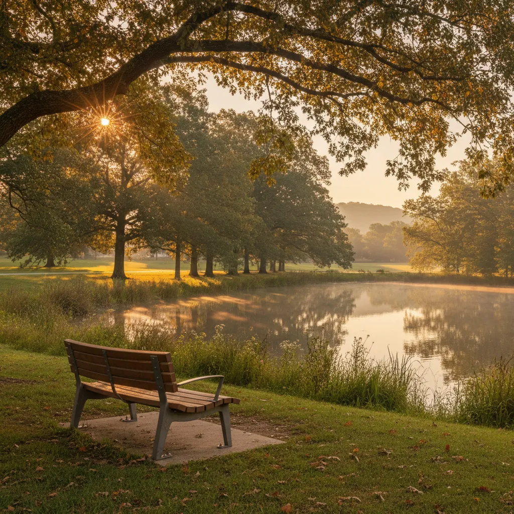 A peaceful North Alabama lakeside at golden hour — a wooden bench beneath oak trees near Huntsville
