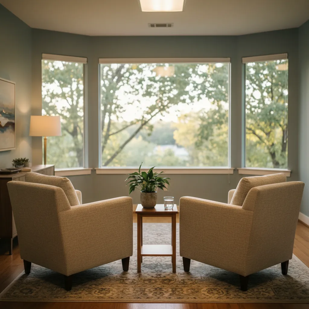 The Shepherding Hope counseling office — two soft armchairs facing each other by large sunlit windows, a plant, and warm lamplight
